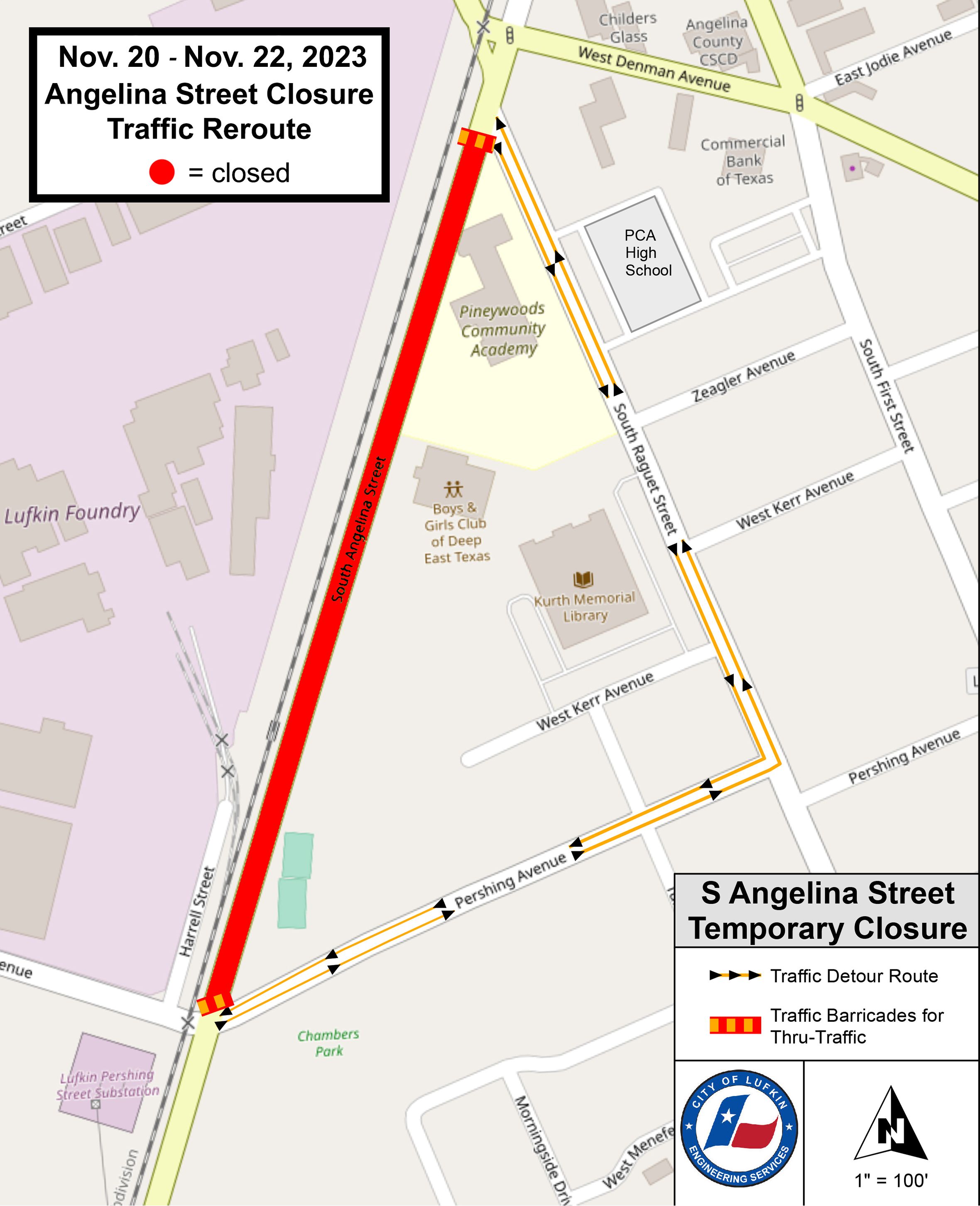Nov. 20-22 detour map - South Angelina Street - Copy